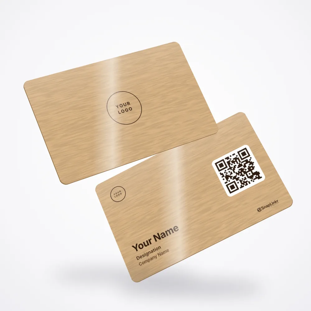 Front and back of a SnapLinkr bamboo wood NFC card with QR code