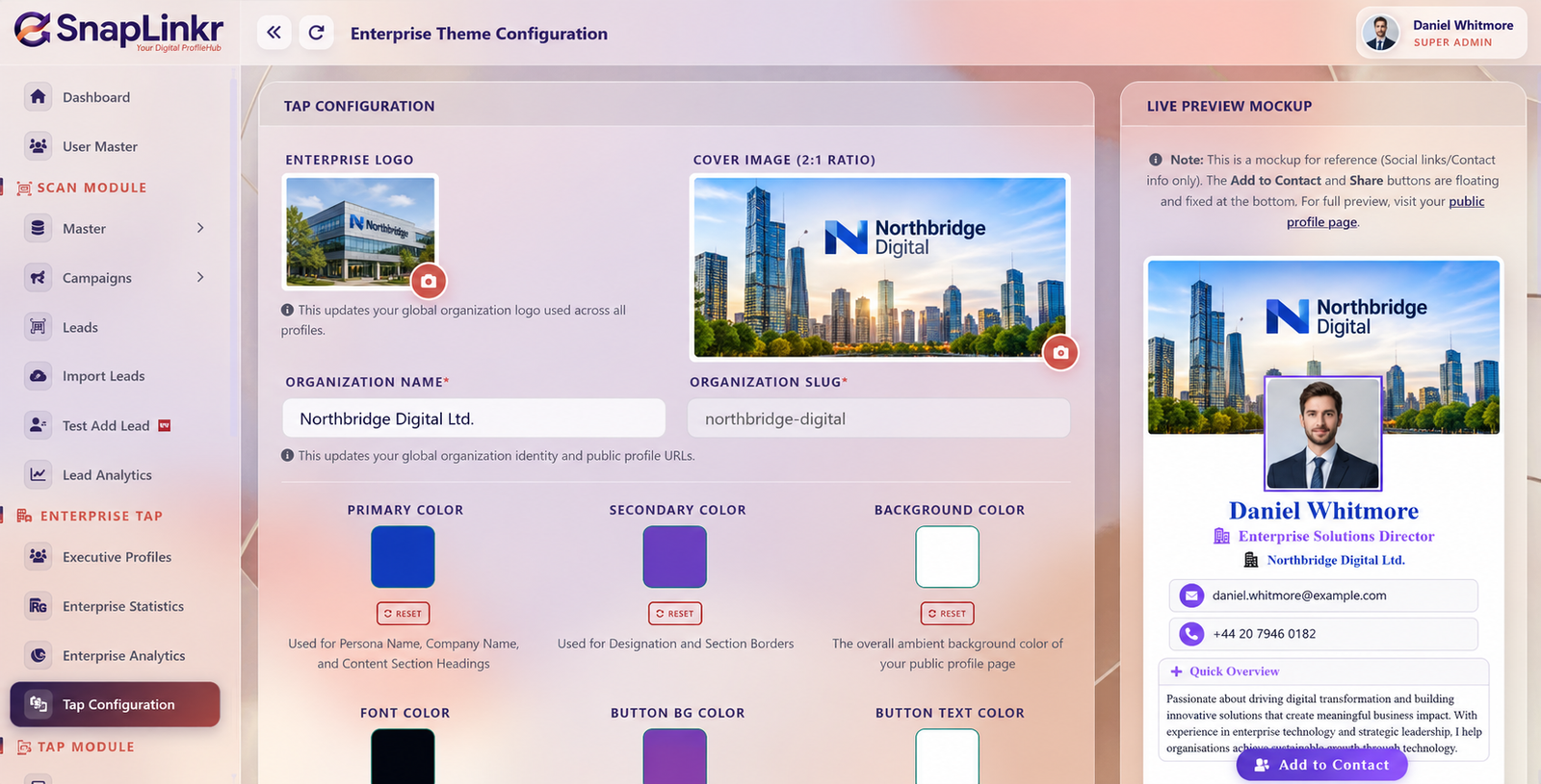 SnapLinkr enterprise brand configuration and digital profile preview