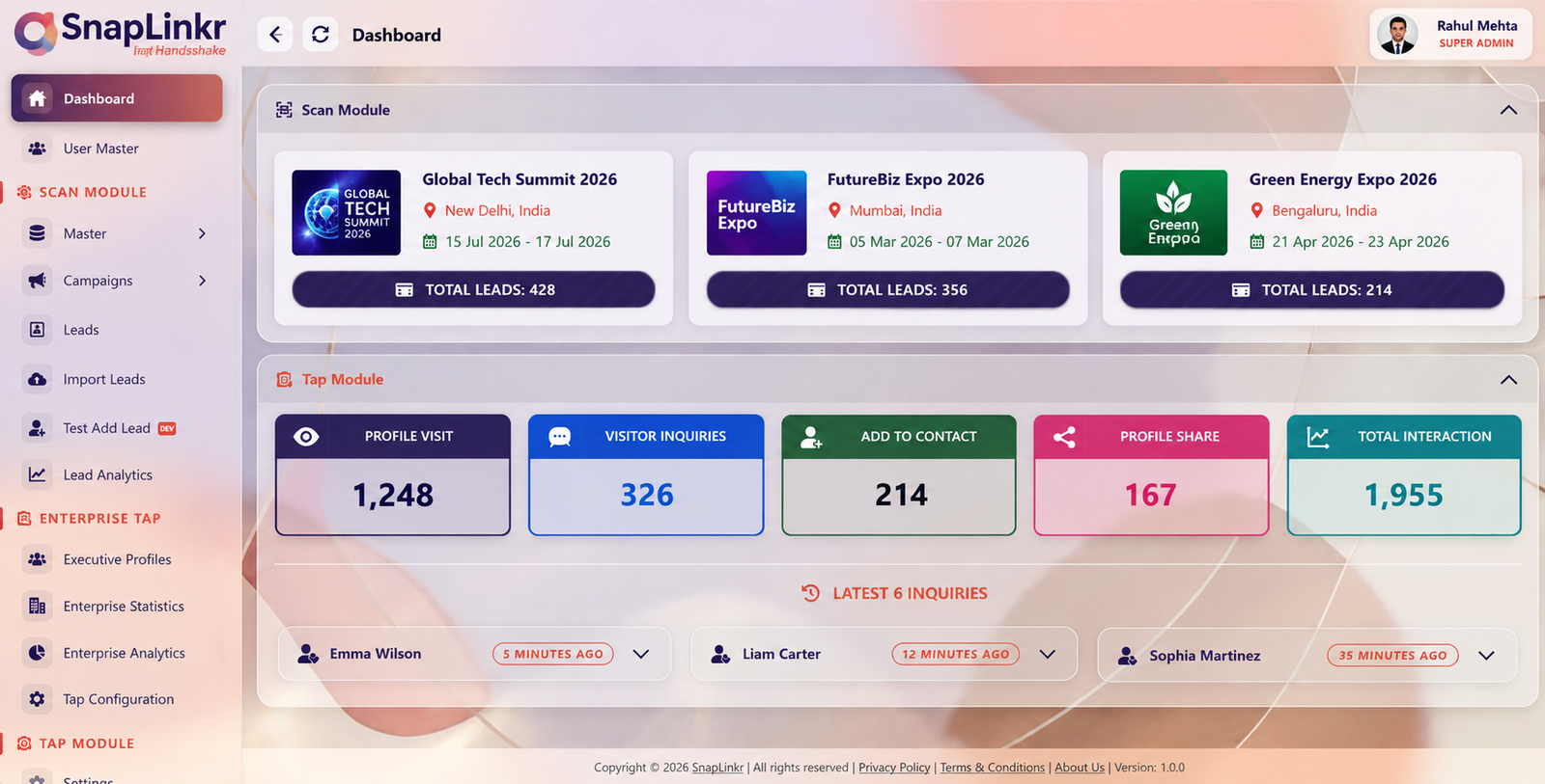 SnapLinkr enterprise dashboard showing event leads, profile interactions, and recent inquiries