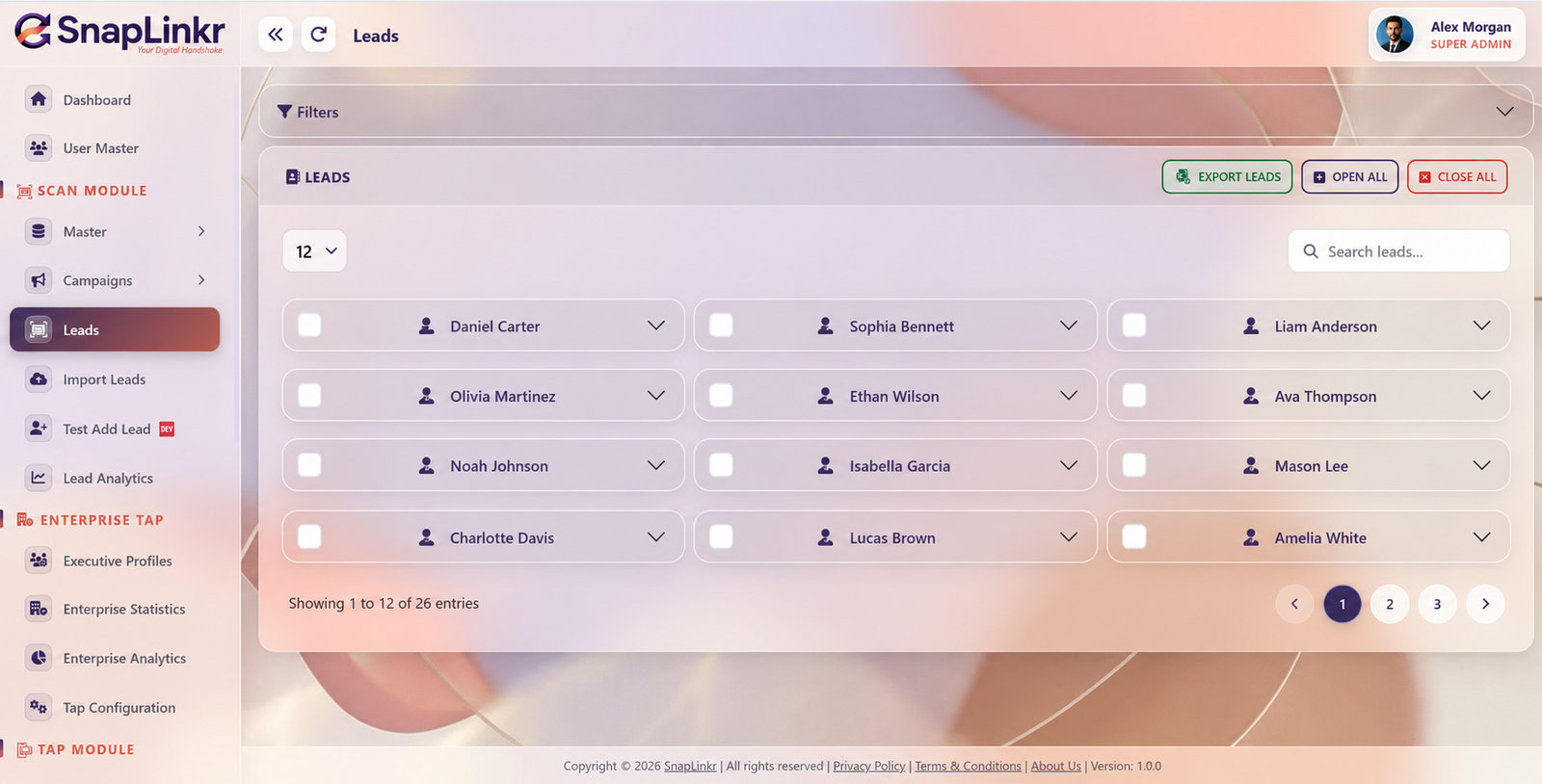 SnapLinkr lead management with search and export controls