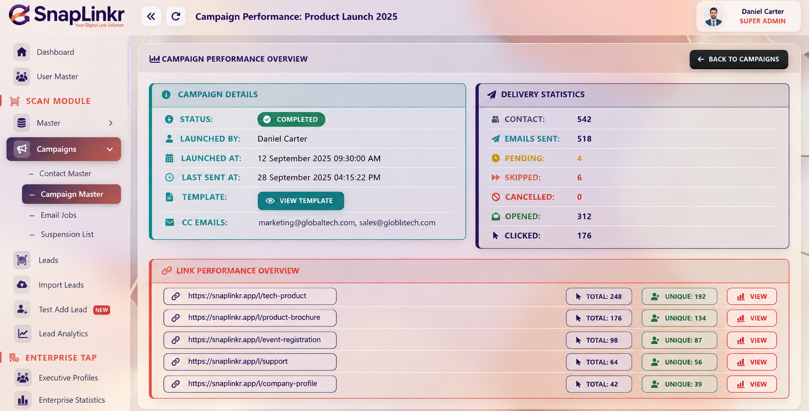 SnapLinkr campaign delivery and link performance report